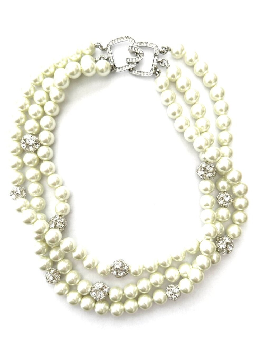 Kenneth Jay Lane,  3 row 10mm Pearl Necklace With Crystal Balls Accents